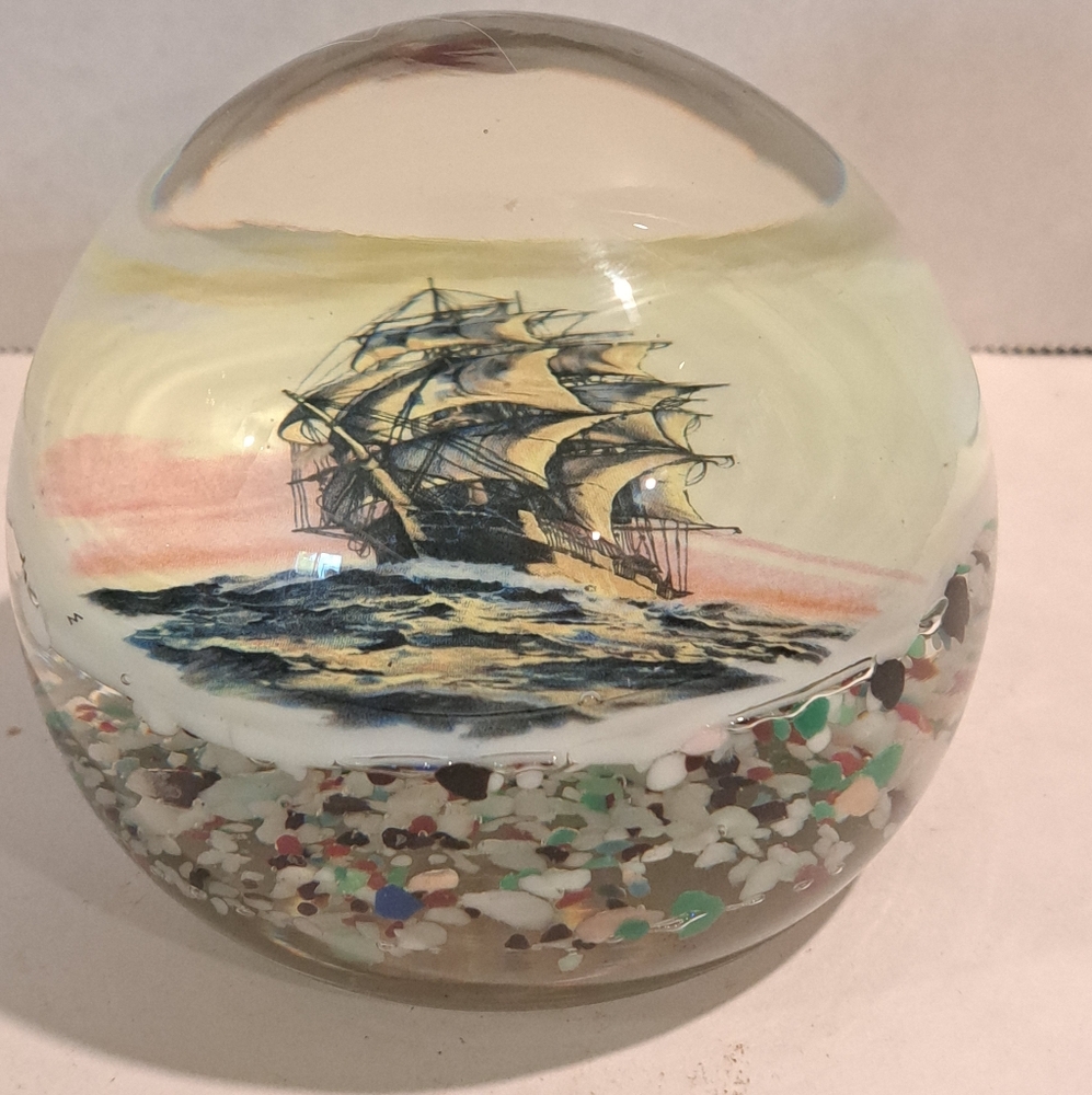 Vintage American Thomas Mosser Art Glass Paperweight Encased Pirate Ship Plaque.